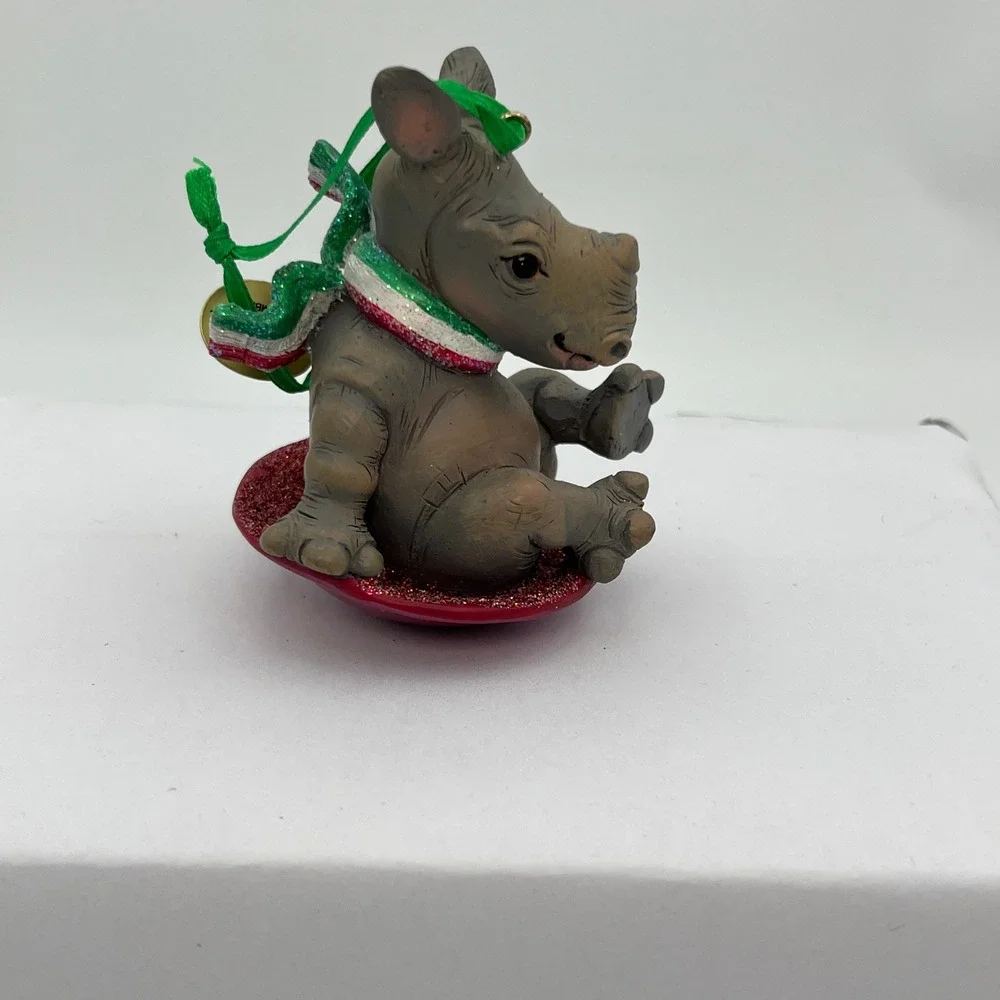 Danbury Mint Baby Rhino Christmas Ornament Glitter Sled Scarf Holiday Decor